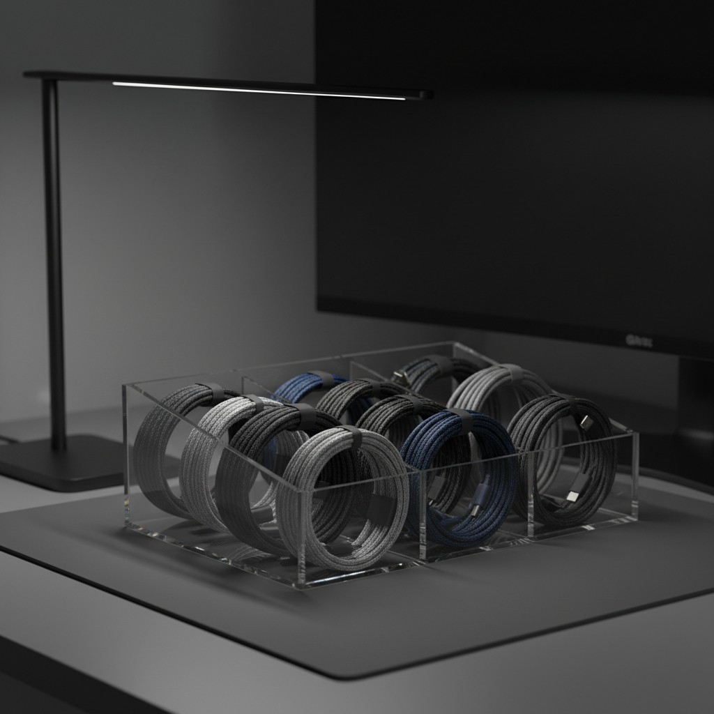 Rolls of nylon-covered telephone cord in a clear plastic stand on a black desk with a black gooseneck LED lamp, angled bla...