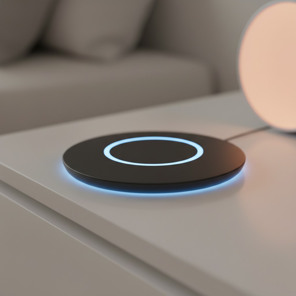 The image presents a sleek and modern wireless charging pad, elegantly designed with a minimalist aesthetic, as seen in th...