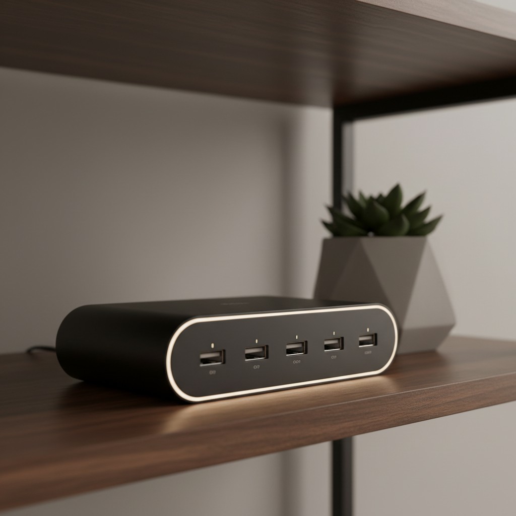 A compact, wireless charging station with a sleek, modern black and white design, sitting on a brown wooden shelf with a p...